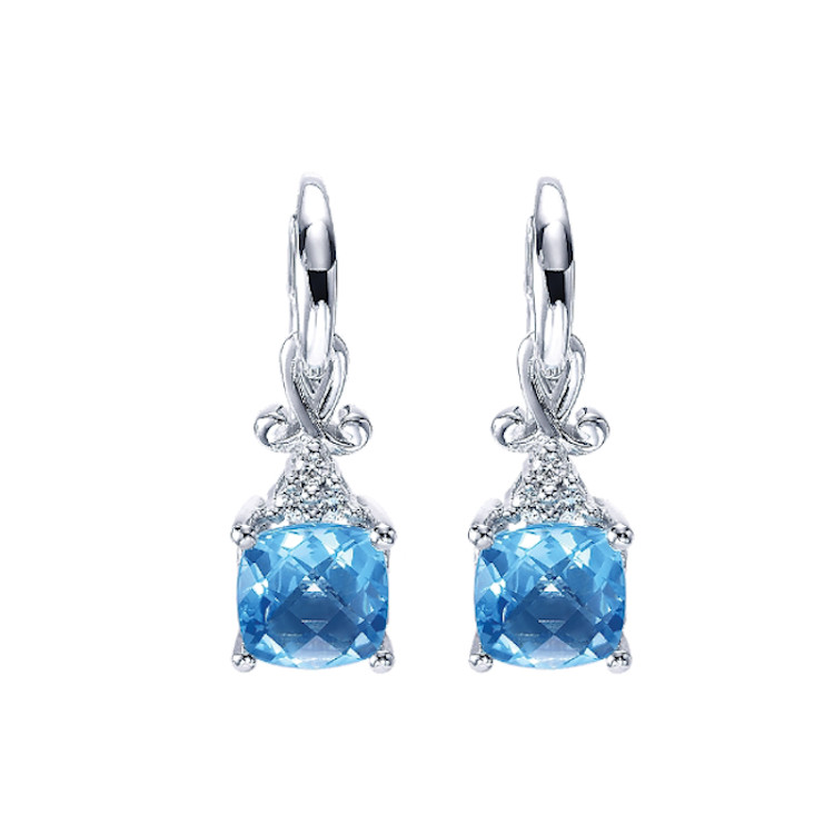 14K White Gold Diamond & Blue Topaz Drop Earrings